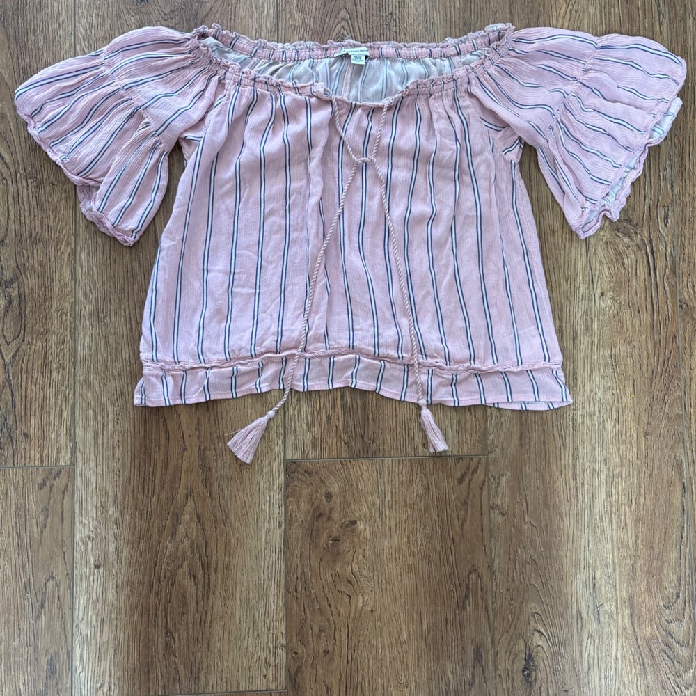 American Eagle Pink Blue Striped Tassel Boho Blouse Top XS Hippie Summer Cottage